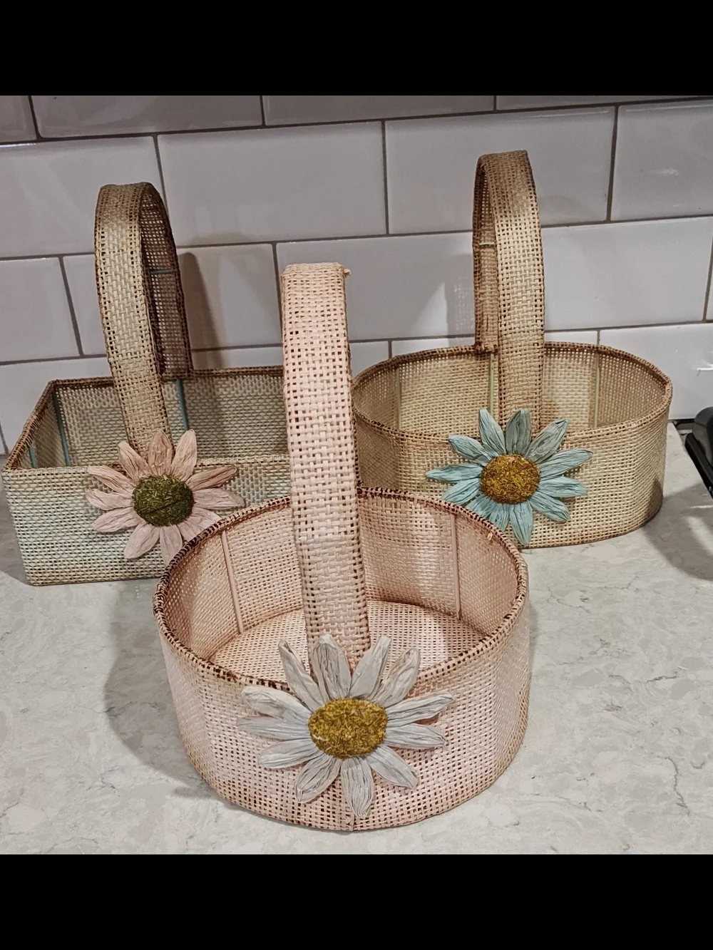 Cottagecore Boho Set of 3 Floral Woven Easter Baskets - Pastel Pink, Mint, Beige